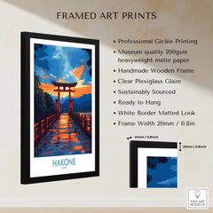 Hakone Wall Art - Japan Travel Poster framed print specifications: handmade wooden frame, clear plexiglass glaze, 20mm frame width, ready to hang