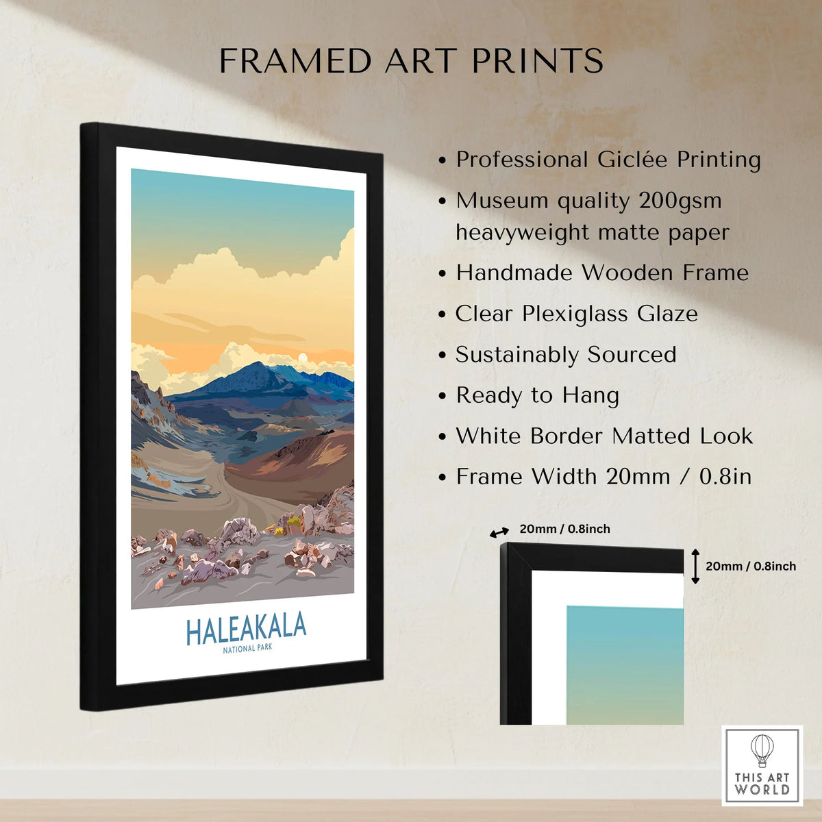Haleakalā National Park Print, Hawaiian Volcano Poster, Sunset Wall Decor framed print specifications: handmade wooden frame, clear plexiglass glaze, 20mm frame width, ready to hang
