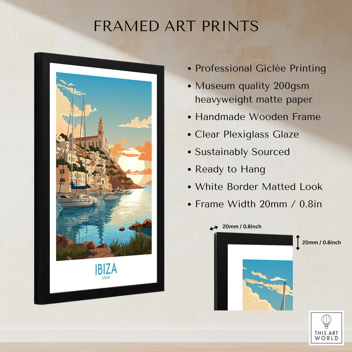 Ibiza Poster Print Modern framed print specifications: handmade wooden frame, clear plexiglass glaze, 20mm frame width, ready to hang