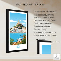 Ibiza Poster framed print specifications: handmade wooden frame, clear plexiglass glaze, 20mm frame width, ready to hang