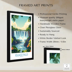 Iguazu Falls Poster Argentina framed print specifications: handmade wooden frame, clear plexiglass glaze, 20mm frame width, ready to hang