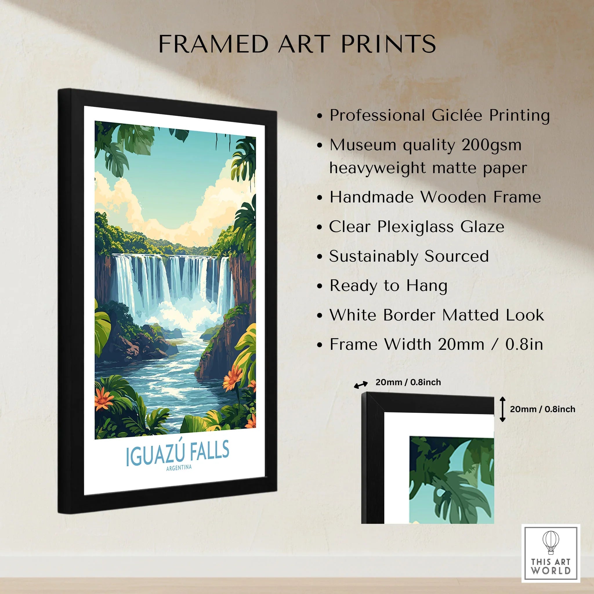 Iguazu Falls Poster Argentina framed print specifications: handmade wooden frame, clear plexiglass glaze, 20mm frame width, ready to hang