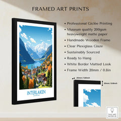 Interlaken Print framed print specifications: handmade wooden frame, clear plexiglass glaze, 20mm frame width, ready to hang