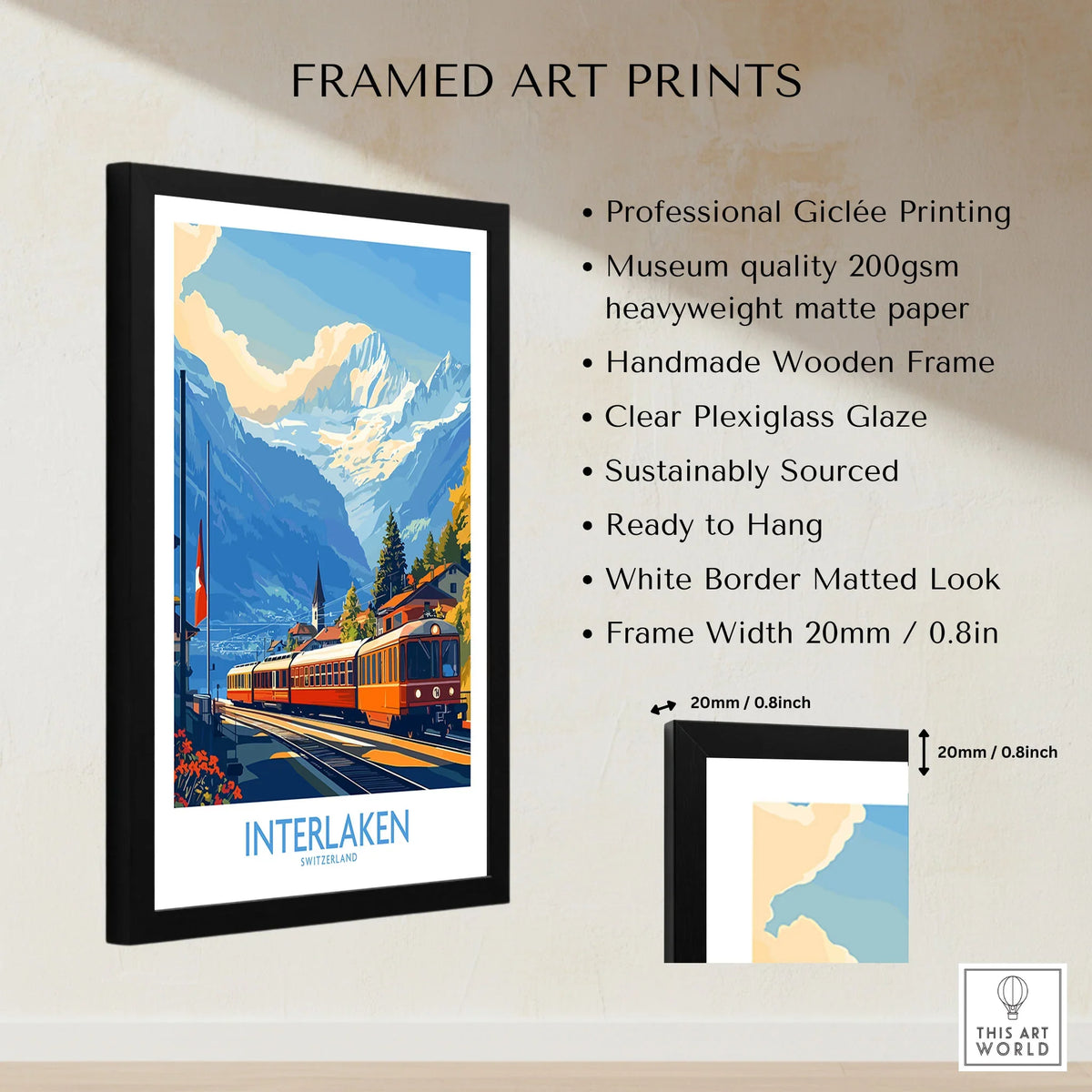 Interlaken Wall Art Print No. 2 framed print specifications: handmade wooden frame, clear plexiglass glaze, 20mm frame width, ready to hang