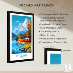 Interlaken Poster Switzerland framed print specifications: handmade wooden frame, clear plexiglass glaze, 20mm frame width, ready to hang