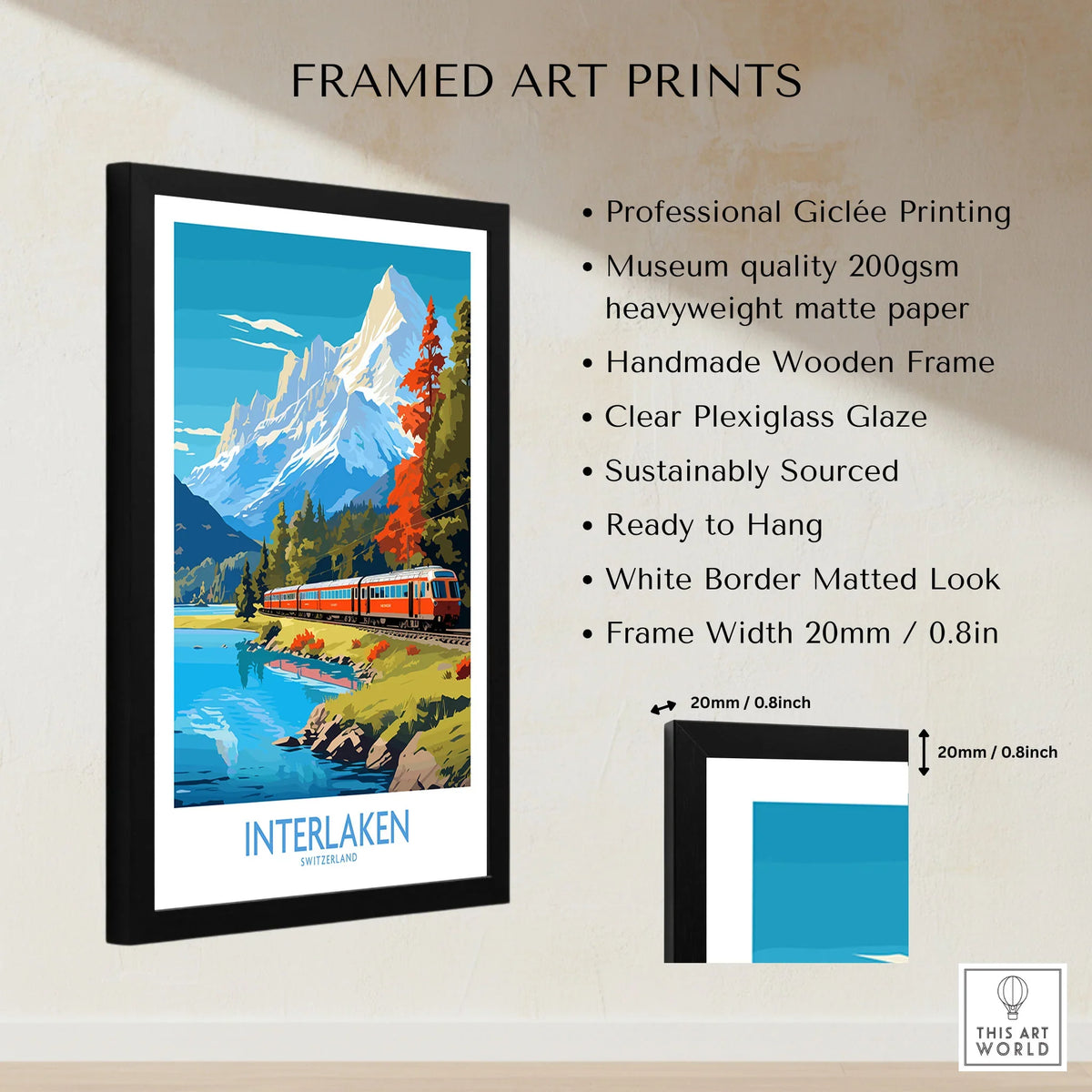 Interlaken Poster Switzerland framed print specifications: handmade wooden frame, clear plexiglass glaze, 20mm frame width, ready to hang