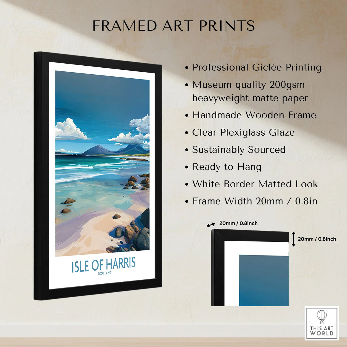 Isle of Harris Poster Scotland Clear Waters - Hebridean Seascape Decor framed print specifications: handmade wooden frame, clear plexiglass glaze, 20mm frame width, ready to hang