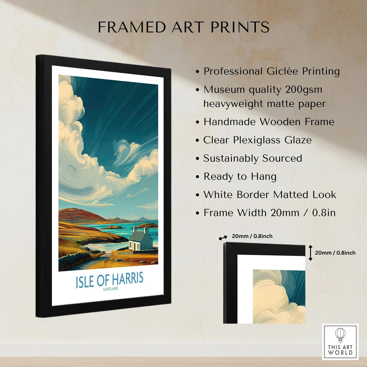 Isle of Harris Poster Scotland Dramatic Sky Seascape - Scottish Island Travel Decor framed print specifications: handmade wooden frame, clear plexiglass glaze, 20mm frame width, ready to hang