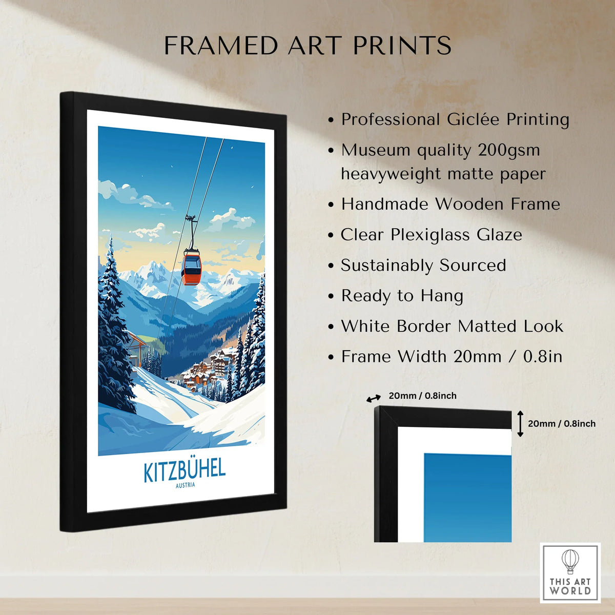 Kitzbuhel Wall Art Print framed print specifications: handmade wooden frame, clear plexiglass glaze, 20mm frame width, ready to hang
