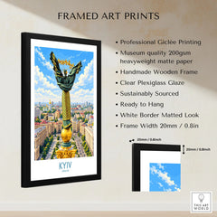 Kyiv Ukraine Maidan Square Wall Art — the Independence Monument rising above Maidan Nezalezhnosti and the Kyiv skyline, shown as framed print details measurements quality details
