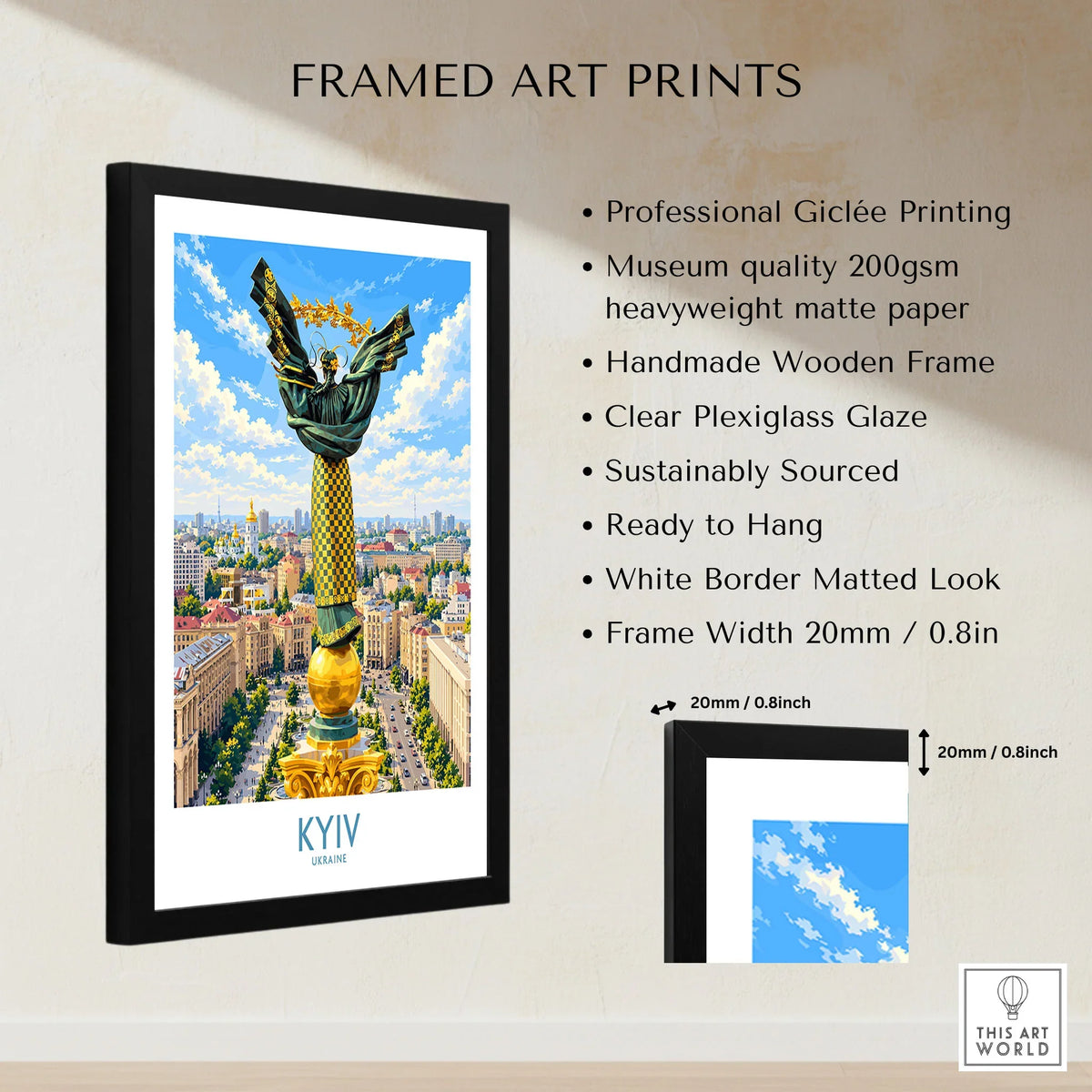 Kyiv Ukraine Maidan Square Wall Art — the Independence Monument rising above Maidan Nezalezhnosti and the Kyiv skyline, shown as framed print details measurements quality details