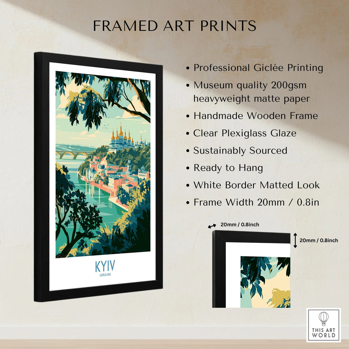 Kyiv Ukraine Dnipro River Wall Art — golden domes on a wooded bluff above the Dnipro river, shown as framed print details measurements quality details