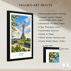 Kyiv Ukraine Spring Blossom Wall Art — the Motherland Monument under spring blossom with the Ukrainian flag flying, shown as framed print details measurements quality details