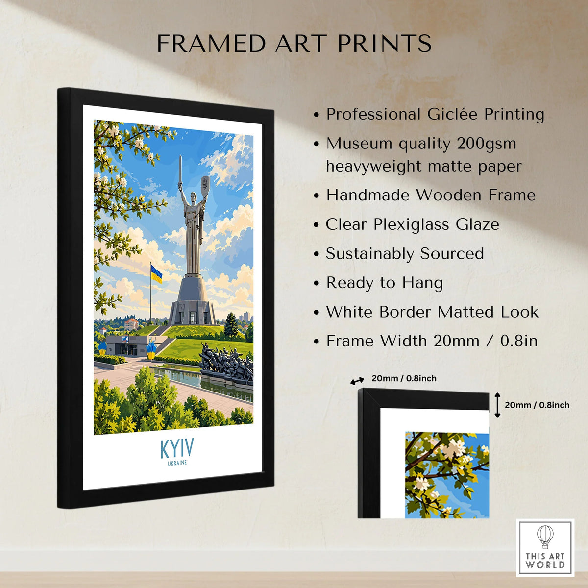 Kyiv Ukraine Spring Blossom Wall Art — the Motherland Monument under spring blossom with the Ukrainian flag flying, shown as framed print details measurements quality details