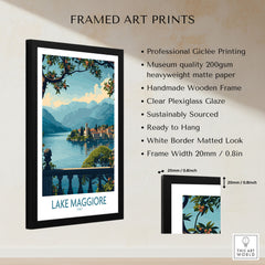 Lake Maggiore Poster Italy framed print specifications: handmade wooden frame, clear plexiglass glaze, 20mm frame width, ready to hang
