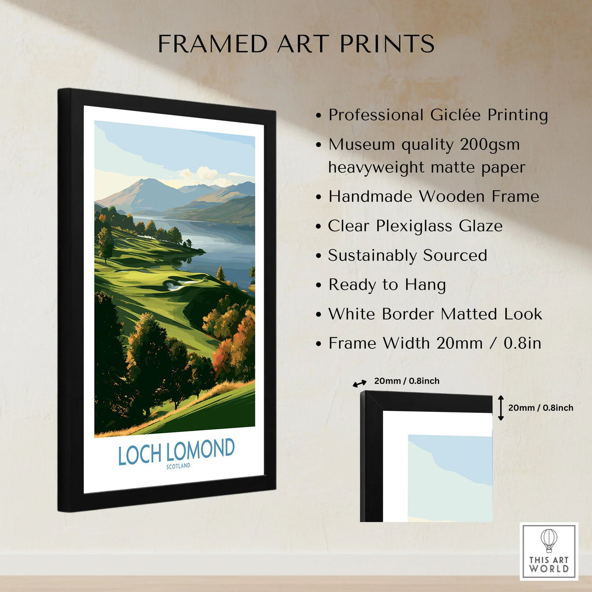 Loch Lomond Scotland Highland View Wall Art — autumn slopes rolling down to Loch Lomond with Highland hills beyond, shown as framed print details measurements quality details