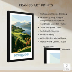 Loch Lomond Scotland Highland View Wall Art — autumn slopes rolling down to Loch Lomond with Highland hills beyond, shown as framed print details measurements quality details