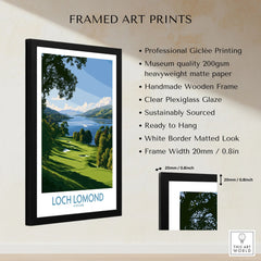 Loch Lomond Scotland Lochside Meadow Wall Art — a sunlit grassy shoreline running down to Loch Lomond under old oaks, shown as framed print details measurements quality details
