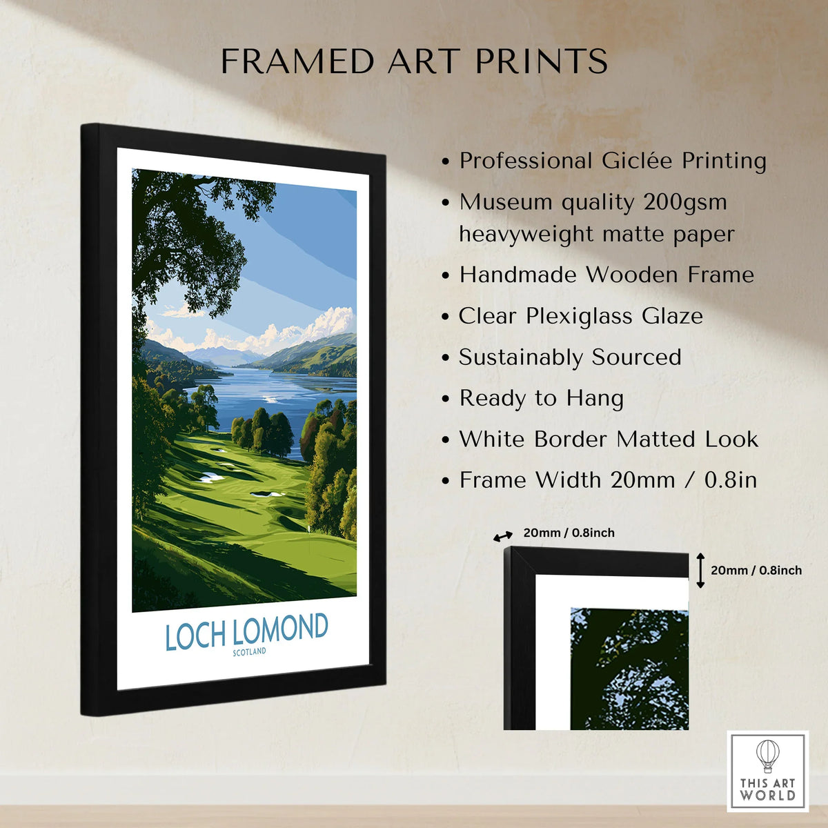 Loch Lomond Scotland Lochside Meadow Wall Art — a sunlit grassy shoreline running down to Loch Lomond under old oaks, shown as framed print details measurements quality details