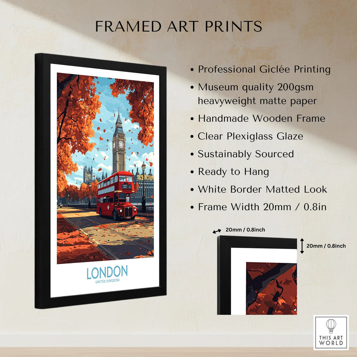 London Travel Poster framed print specifications: handmade wooden frame, clear plexiglass glaze, 20mm frame width, ready to hang
