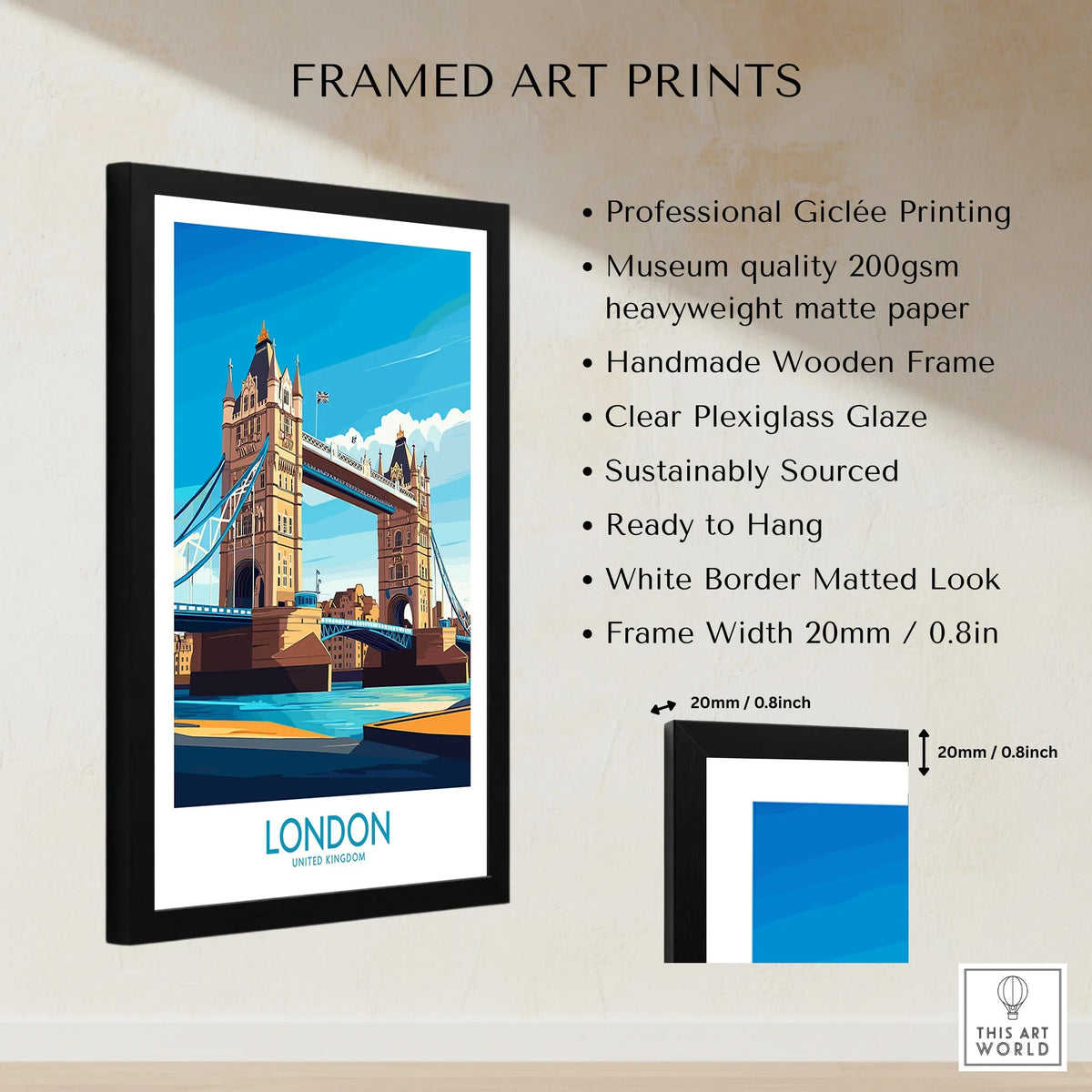 London Poster England framed print specifications: handmade wooden frame, clear plexiglass glaze, 20mm frame width, ready to hang