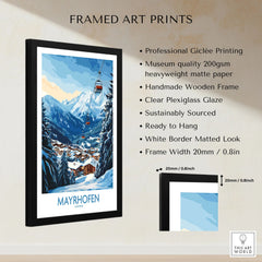 Mayrhofen Ski Poster framed print specifications: handmade wooden frame, clear plexiglass glaze, 20mm frame width, ready to hang