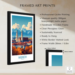 Munich Travel Poster framed print specifications: handmade wooden frame, clear plexiglass glaze, 20mm frame width, ready to hang