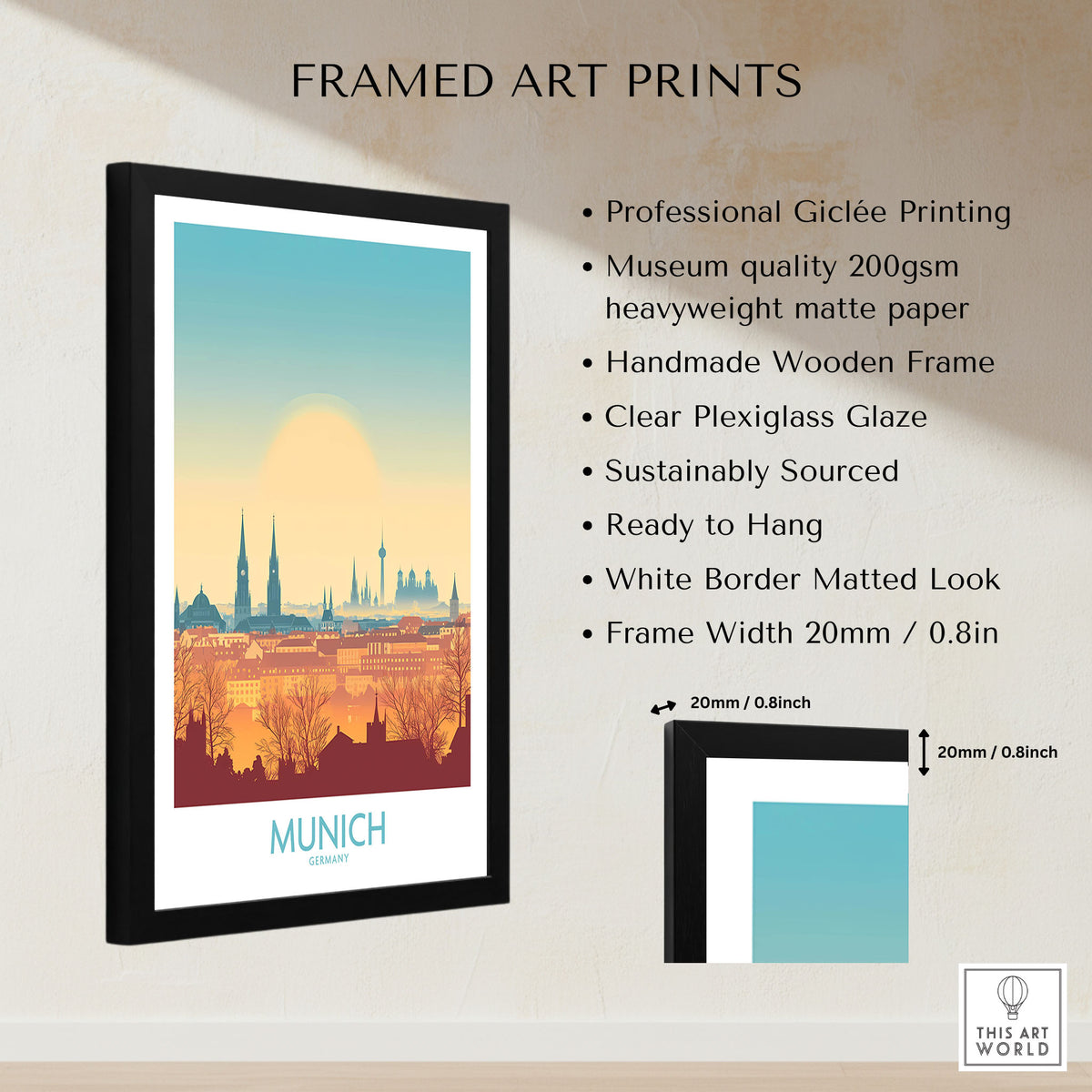 Munich Print Germany framed print specifications: handmade wooden frame, clear plexiglass glaze, 20mm frame width, ready to hang