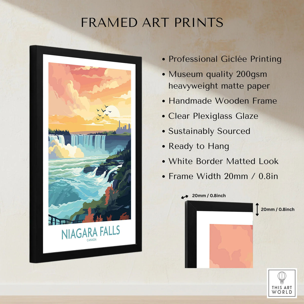Niagara Falls Poster framed print specifications: handmade wooden frame, clear plexiglass glaze, 20mm frame width, ready to hang