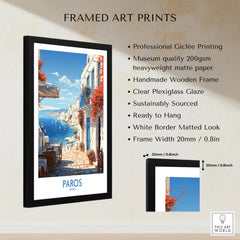 Paros Wall Art Greece framed print specifications: handmade wooden frame, clear plexiglass glaze, 20mm frame width, ready to hang