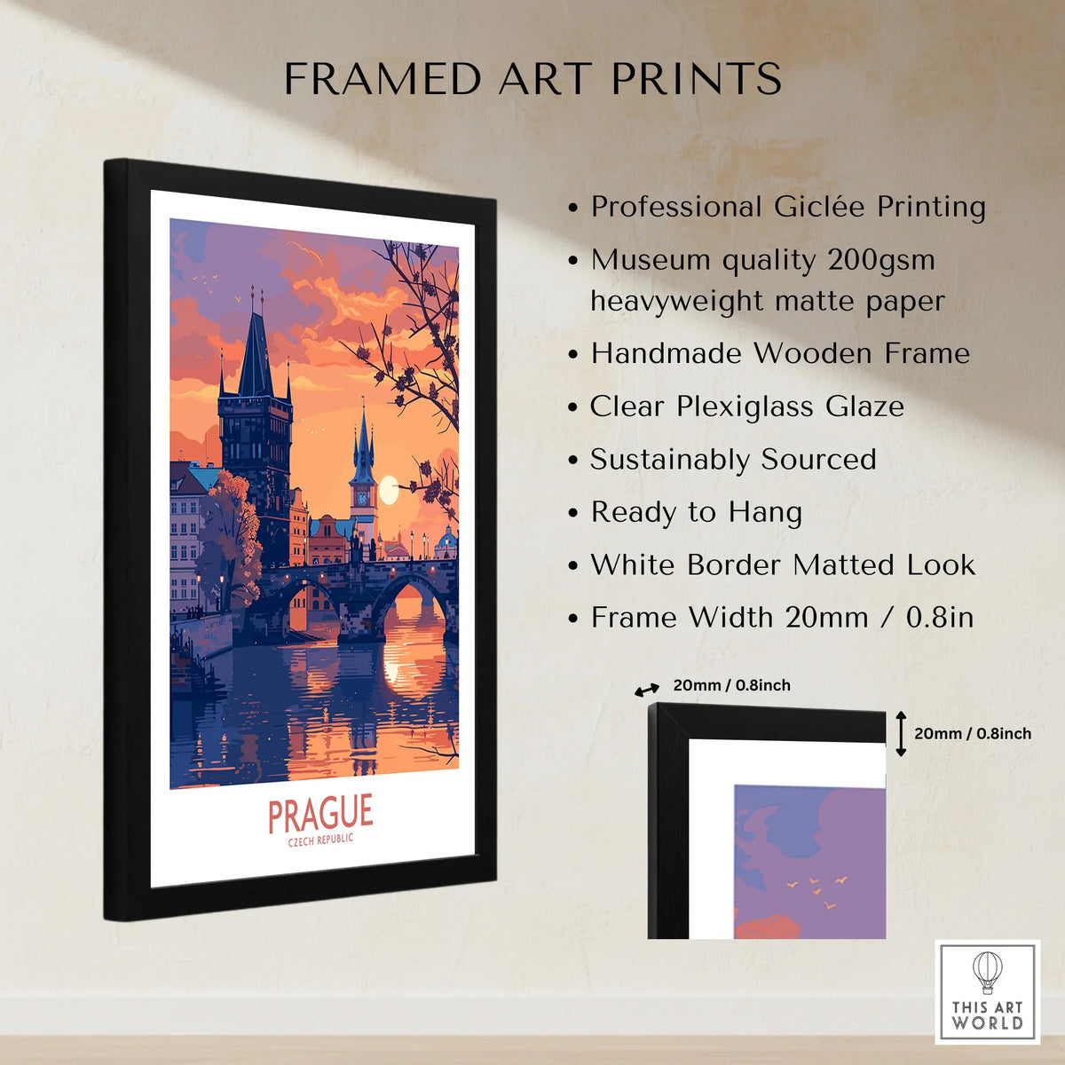 Prague Print framed print specifications: handmade wooden frame, clear plexiglass glaze, 20mm frame width, ready to hang