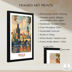Prague Travel Poster framed print specifications: handmade wooden frame, clear plexiglass glaze, 20mm frame width, ready to hang