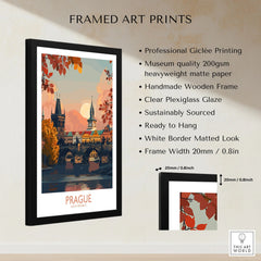 Prague Travel Print framed print specifications: handmade wooden frame, clear plexiglass glaze, 20mm frame width, ready to hang