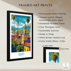 Ecuador Quito Cityscape Travel Print Poster Colonial Churches Andes Mountain Wall Art framed print specifications: handmade wooden frame, clear plexiglass glaze, 20mm frame width, ready to hang