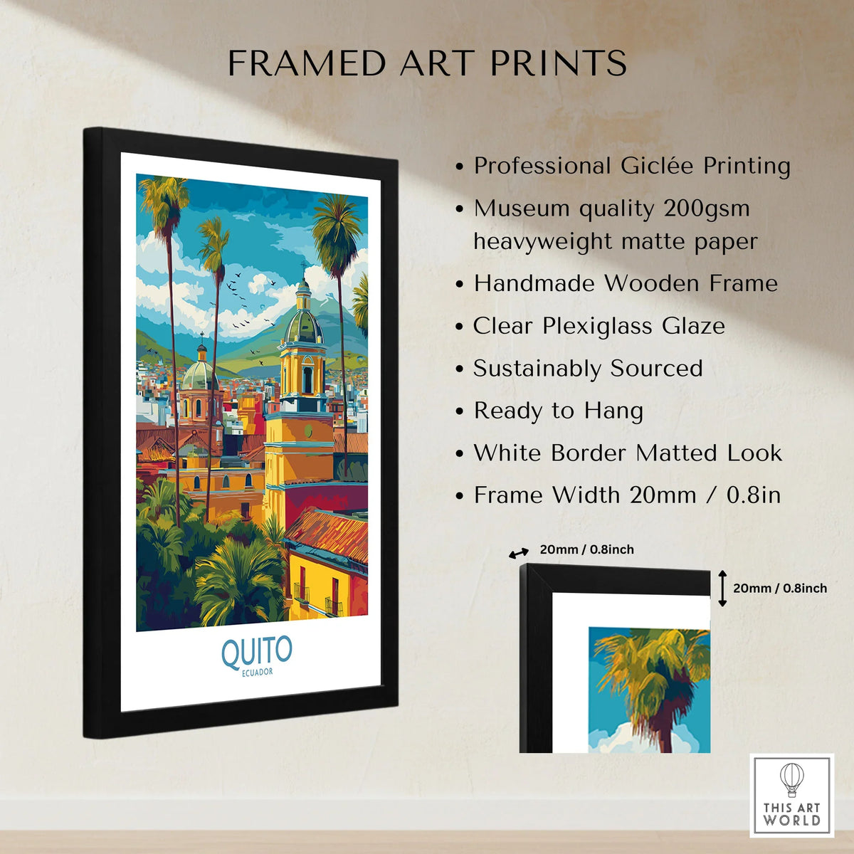 Ecuador Quito Cityscape Travel Print Poster Colonial Churches Andes Mountain Wall Art framed print specifications: handmade wooden frame, clear plexiglass glaze, 20mm frame width, ready to hang