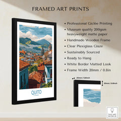 Ecuador Quito Rooftops Travel Poster City View Print Andes Landscape Wall Art South America framed print specifications: handmade wooden frame, clear plexiglass glaze, 20mm frame width, ready to hang