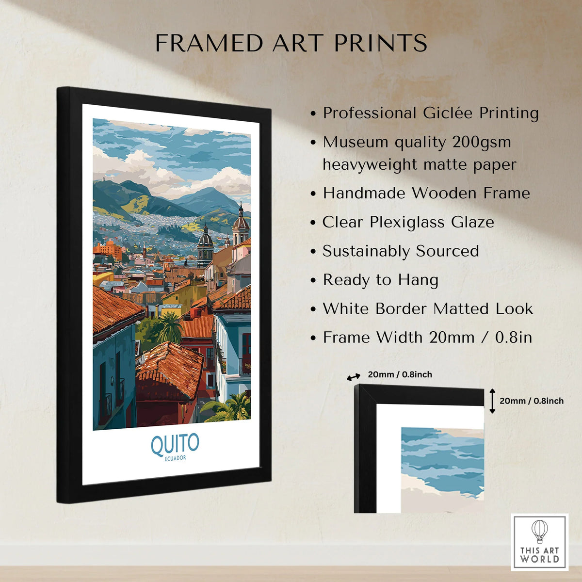 Ecuador Quito Rooftops Travel Poster City View Print Andes Landscape Wall Art South America framed print specifications: handmade wooden frame, clear plexiglass glaze, 20mm frame width, ready to hang