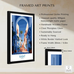Rabat Morocco Blue Alleyway Wall Art — a blue-washed medina lane and stone steps seen through a horseshoe arch, shown as framed print details measurements quality details