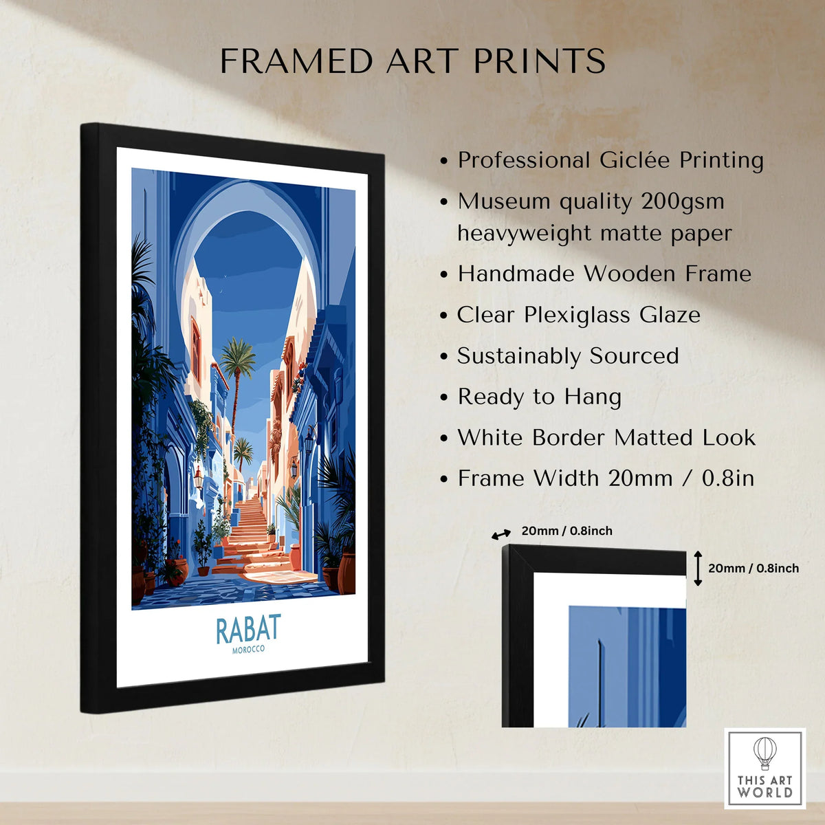Rabat Morocco Blue Alleyway Wall Art — a blue-washed medina lane and stone steps seen through a horseshoe arch, shown as framed print details measurements quality details