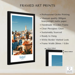 Rabat Morocco Minaret Skyline Wall Art — medina rooftops and a pale minaret in late afternoon sun, shown as framed print details measurements quality details