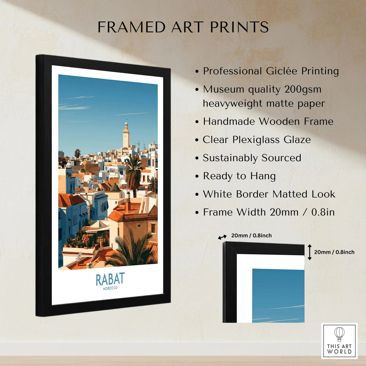 Rabat Morocco Minaret Skyline Wall Art — medina rooftops and a pale minaret in late afternoon sun, shown as framed print details measurements quality details