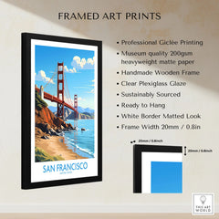 San Francisco Poster framed print specifications: handmade wooden frame, clear plexiglass glaze, 20mm frame width, ready to hang