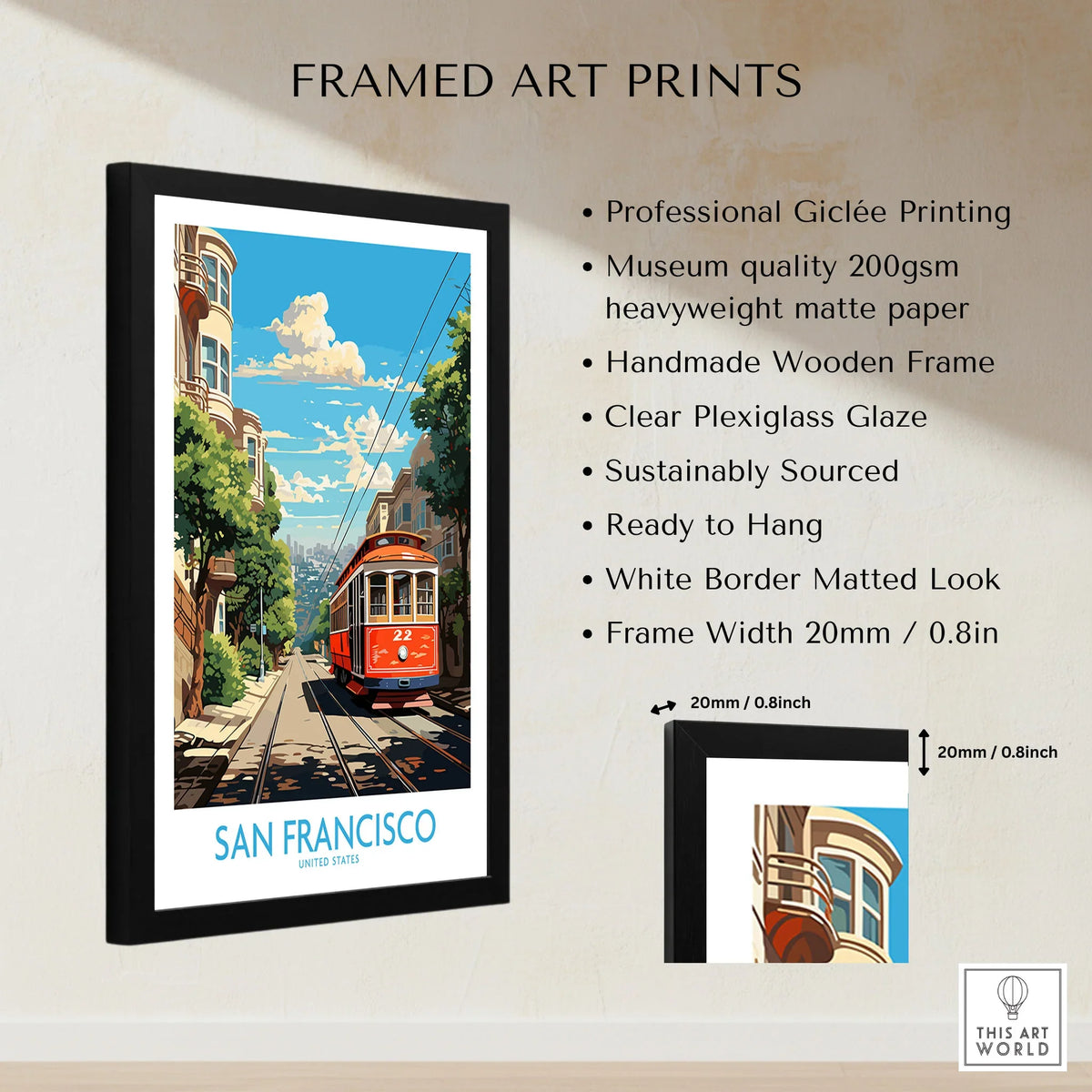 San Francisco Wall Prints framed print specifications: handmade wooden frame, clear plexiglass glaze, 20mm frame width, ready to hang