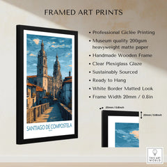 Santiago de Compostela Art Print | Galician Travel Poster framed print specifications: handmade wooden frame, clear plexiglass glaze, 20mm frame width, ready to hang