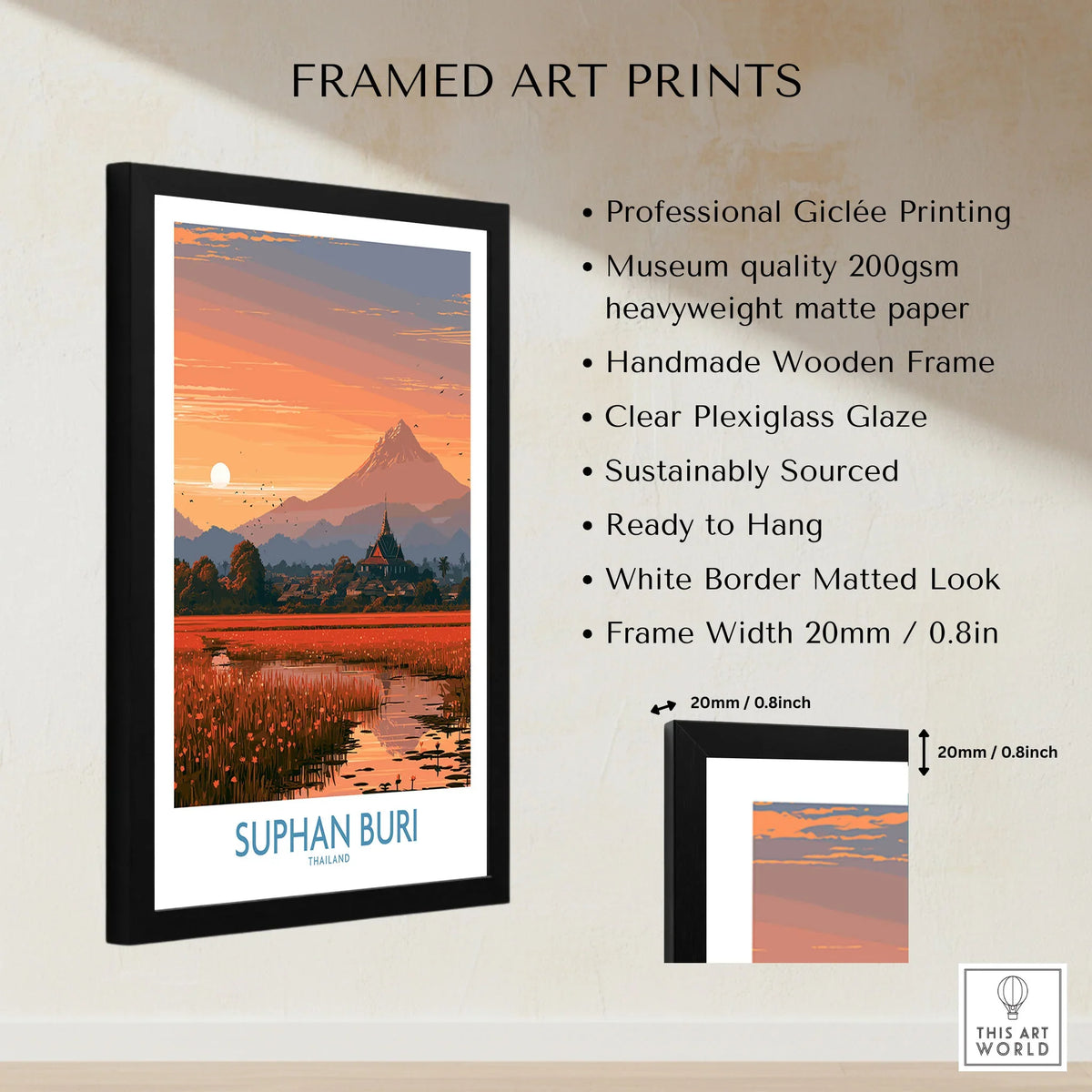 Suphan Buri Thailand Temple Sunset Wall Art — a lotus-covered lake and temple spire at sunset beneath a mountain peak, shown as framed print details measurements quality details