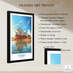 Sydney Print framed print specifications: handmade wooden frame, clear plexiglass glaze, 20mm frame width, ready to hang