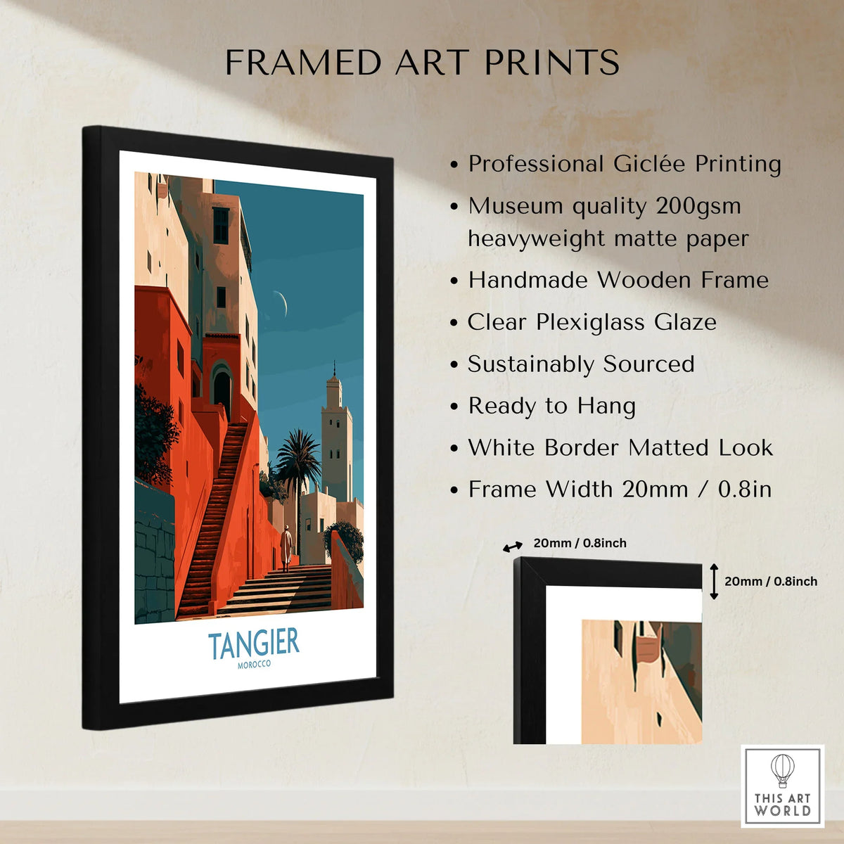 Tangier Morocco Crescent Moon Wall Art — coral kasbah steps climbing towards a minaret under a crescent moon, shown as framed print details measurements quality details