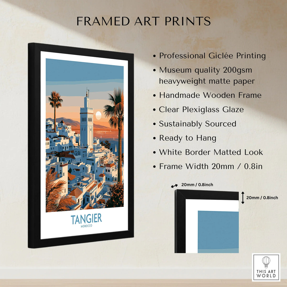 Tangier Morocco Sailboats and Rooftops Wall Art — Tangier medina rooftops and a minaret above a bay dotted with sails, shown as framed print details measurements quality details