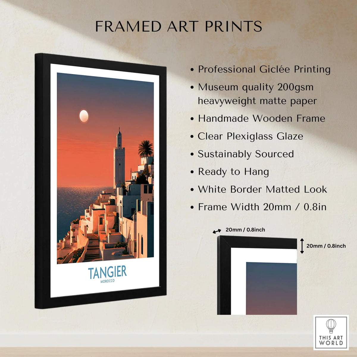 Tangier Morocco Coastal Sunset Wall Art — a whitewashed hillside town and minaret glowing above the sea at sunset, shown as framed print details measurements quality details