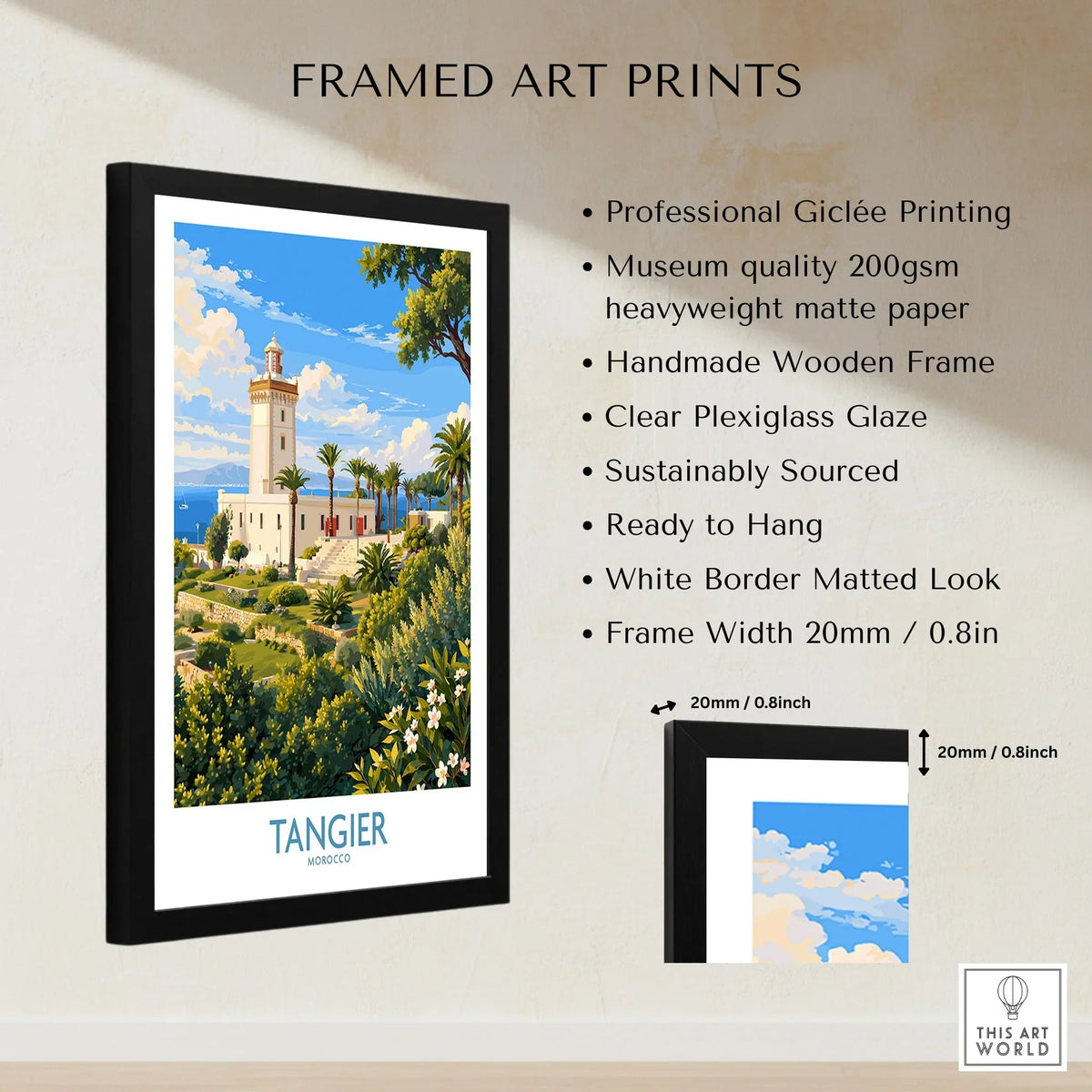 Tangier Morocco Lighthouse Gardens Wall Art — the Cap Spartel lighthouse above palm gardens and the blue strait, shown as framed print details measurements quality details